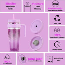 Load image into Gallery viewer, Hydraful 50 oz Tritan Plastic Tumbler with Lid and Straw and Handle - 100% Leak-Proof - Perfect for Iced Coffee, Smoothies, and Juice - Wide Mouth Reusable Water Bottle with Time Marker, PurplePetunia_6568