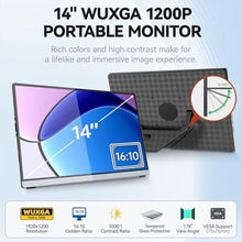 Load image into Gallery viewer, Intehill 14 Inch Portable Monitor, 1920x1200 Portable Display with Fully Covered Tempered Glass, 16:10 HDMI USB-C External Display with Speakers and Stand, Monitor, Black_137