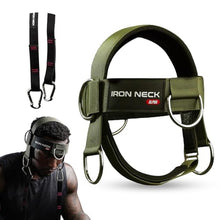 Load image into Gallery viewer, Iron Neck Neck Trainer, Exerciser, & Strengthener with Adjustable Head and Chin Strap - Portable Head Harness for Weight Lifting, Home, & Gym Use - Exercise & Workout Equipment (Alpha, Green), GreenAlphaHarness_1