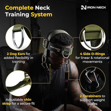 Load image into Gallery viewer, Iron Neck Neck Trainer, Exerciser, & Strengthener with Adjustable Head and Chin Strap - Portable Head Harness for Weight Lifting, Home, & Gym Use - Exercise & Workout Equipment (Alpha, Green), GreenAlphaHarness_7109