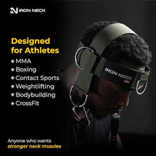 Load image into Gallery viewer, Iron Neck Neck Trainer, Exerciser, & Strengthener with Adjustable Head and Chin Strap - Portable Head Harness for Weight Lifting, Home, & Gym Use - Exercise & Workout Equipment (Alpha, Green), GreenAlphaHarness_7111