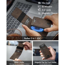 Load image into Gallery viewer, iwantit 3 in 1 MagSafe Wallet Men: Slim Bifold Money Clip + Smart Pop up Card Holder - Cash Strap, Mens Minimalist Magnetic Wallet, ID Window, Premium Leather (Nubuck Brown), NubuckBrown_1173