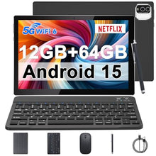 Load image into Gallery viewer, IWEGGO Android 15 Tablet, 10 Inch 12GB RAM+64GB ROM Tablets with Keyboard Mouse Case Stylus, 1.8Ghz Quad-core Processor, 8MP Camera, 6000mAh Battery, 1280*800 IPS HD Touchscreen, 5G WiFi6 Tablet Black, GBGBBlack_1