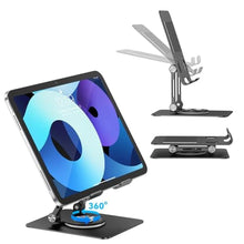 Load image into Gallery viewer, JUANWE Swivel iPad Stand for Desk, Aluminum Tablet Stand for Desk with 360 Rotating Base, Adjustable & Foldable iPad Holder, Compatible with Tablets, Switch, Kindle, Phone, Black_1