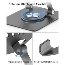 Load image into Gallery viewer, JUANWE Swivel iPad Stand for Desk, Aluminum Tablet Stand for Desk with 360 Rotating Base, Adjustable & Foldable iPad Holder, Compatible with Tablets, Switch, Kindle, Phone, Black_4895