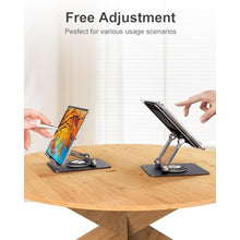 Load image into Gallery viewer, JUANWE Swivel iPad Stand for Desk, Aluminum Tablet Stand for Desk with 360 Rotating Base, Adjustable & Foldable iPad Holder, Compatible with Tablets, Switch, Kindle, Phone, Black_4897