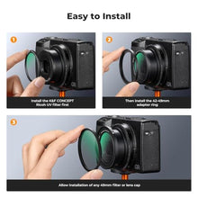Load image into Gallery viewer, K&F CONCEPT Black Diffusion 1/4 +MCUV Protection Filter +42-49mm Adapter Ring Kit Compatible with Ricoh GR IIIx GR IIIx HDF GR3x HDF GR III GR IV GR III HDF GR3 HDF GR II GR2 GR4_1735