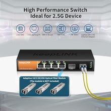 Load image into Gallery viewer, keepLiNK 6-Port 2.5G Switch Unmanaged, 4 x 2.5GBASE-T Ports & 2 x 10GBASE-T SFP Slots, 60Gbps Switching Capacity, Plug & Play/Wall Mountable/Fanless Metal, Compatible with 1000Mbps Devices, silver_1162