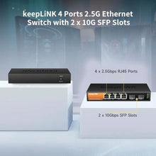 Load image into Gallery viewer, keepLiNK 6-Port 2.5G Switch Unmanaged, 4 x 2.5GBASE-T Ports & 2 x 10GBASE-T SFP Slots, 60Gbps Switching Capacity, Plug & Play/Wall Mountable/Fanless Metal, Compatible with 1000Mbps Devices, silver_1164