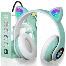 Load image into Gallery viewer, KERHAND Bluetooth Headphones for Kids, Cute Ear Cat Ear LED Light Up Foldable Headphones Stereo Over Ear with Microphone/TF Card Wireless Headphone for iPhone/iPad/Smartphone/Laptop/PC/TV (Green)_1