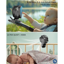 Load image into Gallery viewer, KIDEE Portable Clip on Fan, Small Desk Fan Battery Operated, 360 Rotation, Cute Design, 3 Speed, Mini Table Fan USB Rechargeable, Personal Cooling Baby Stroller Fan for Home Office Outdoor Travel, Black_6328