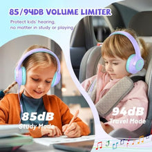 Load image into Gallery viewer, Kids Wired Headphones for School, 85/94 dB Volume Limit, Wired Over Ear Headphones for Girls Kids with Microphone, Foldable Stereo Sound 3.5mm Wire Cord for Kindle Tablet Airplane Travel, Purple_7303