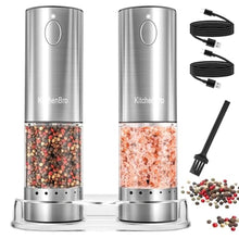 Load image into Gallery viewer, KitchenBro Electric Salt and Pepper Grinder Set 6 Levels Adjustable Coarseness Refillable Stainless Steel Auto Salt and Pepper Grinder Mill Usb Rechargeable with Lights, large, Silver, H52-BS_1