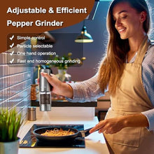 Load image into Gallery viewer, KitchenBro Electric Salt and Pepper Grinder Set 6 Levels Adjustable Coarseness Refillable Stainless Steel Auto Salt and Pepper Grinder Mill Usb Rechargeable with Lights, large, Silver, H52-BS_698