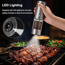 Load image into Gallery viewer, KitchenBro Electric Salt and Pepper Grinder Set 6 Levels Adjustable Coarseness Refillable Stainless Steel Auto Salt and Pepper Grinder Mill Usb Rechargeable with Lights, large, Silver, H52-BS_700