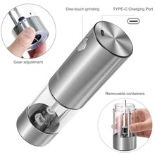 Load image into Gallery viewer, KitchenBro Electric Salt and Pepper Grinder Set 6 Levels Adjustable Coarseness Refillable Stainless Steel Auto Salt and Pepper Grinder Mill Usb Rechargeable with Lights, large, Silver, H52-BS_701