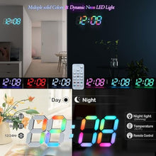 Load image into Gallery viewer, KOSUMOSU LED Wall Clock 15" RGB Digital LED Clock for Living Room Decor, Large Display Gaming Room Clocks, Dimming/12/24 Hr Time/Date/Temp/Remote (White Clock with Neon Light), inWallClockneonLight_6776