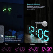 Load image into Gallery viewer, KOSUMOSU LED Wall Clock 15" RGB Digital LED Clock for Living Room Decor, Large Display Gaming Room Clocks, Dimming/12/24 Hr Time/Date/Temp/Remote (White Clock with Neon Light), inWallClockneonLight_6778