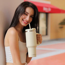 Load image into Gallery viewer, Labulabla 40oz Tumbler with Handle,Double Wall Vacuum Reusable Stainless Steel Insulated Water Bottle,With Leak Proof lid and Straw for Iced or Cold Beverages (Beige)_5116