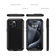 Load image into Gallery viewer, Lanhiem for iPhone 15 Pro Metal Case, Heavy Duty Shockproof Tough Rugged Case with Built-in Glass Screen Protector, 360 Full Body DustProof Protective Cover for iPhone 15 Pro 6.1", Black_7437