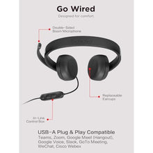 Load image into Gallery viewer, Lenovo USB-A Wired Stereo Headset for PC/Laptop, AI Noise Canceling via APP, 140g Lightweight, Replaceable Earcups, Double-Sided Boom Mic, in-line Controls with Mute for Call. Work with Teams/Zoom, Black_555