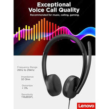 Load image into Gallery viewer, Lenovo USB-A Wired Stereo Headset for PC/Laptop, AI Noise Canceling via APP, 140g Lightweight, Replaceable Earcups, Double-Sided Boom Mic, in-line Controls with Mute for Call. Work with Teams/Zoom, Black_556