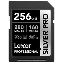 Load image into Gallery viewer, Lexar 256GB Silver PRO SD Memory Card, 280MB/s Read, 4K, V60, U3, UHS-II, BlackSilver_1