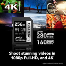 Load image into Gallery viewer, Lexar 256GB Silver PRO SD Memory Card, 280MB/s Read, 4K, V60, U3, UHS-II, BlackSilver_63