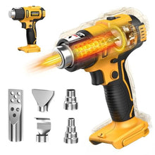 Load image into Gallery viewer, LIVOWALNY Cordless Heat Gun Compatible with Dewalt 20v Battery (Tool Only), 350W Fast Heating Soldering Hot Air Gun 122-1022 Variable Temperature Control with 5 Nozzles for DIY Craft, Shrink Tubing, YellowDe_1