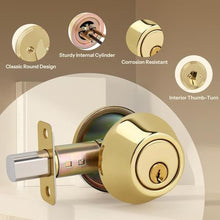 Load image into Gallery viewer, LOQRON Round Design Single Cylinder Deadbolt with Keys, Exterior Keyed Dead Bolt Lock for Front Entrance Door Security, Polished Brass, PolishedBrass_6295