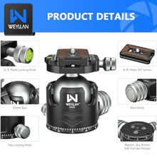 Load image into Gallery viewer, Low Profile Ball Head 52mm Tripod Head WEYLLAN DH52 Camera Head Mount, CNC Heavy Duty Ball Head with Two 1/4" Quick Release Plates, Panoramic Ballhead for Tripod, Monopod, DSLR, Max Load 66lbs /30kg, Black_4677