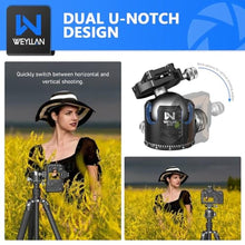 Load image into Gallery viewer, Low Profile Ball Head 52mm Tripod Head WEYLLAN DH52 Camera Head Mount, CNC Heavy Duty Ball Head with Two 1/4" Quick Release Plates, Panoramic Ballhead for Tripod, Monopod, DSLR, Max Load 66lbs /30kg, Black_4679