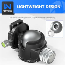 Load image into Gallery viewer, Low Profile Ball Head 52mm Tripod Head WEYLLAN DH52 Camera Head Mount, CNC Heavy Duty Ball Head with Two 1/4" Quick Release Plates, Panoramic Ballhead for Tripod, Monopod, DSLR, Max Load 66lbs /30kg, Black_4680