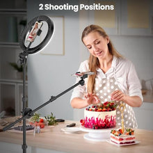 Load image into Gallery viewer, LUXSURE Ring Light with 62'' Tripod Stand for Video Recording, 10.5'' Ring Light Tripod for iPhone with 2 Shooting Positions, Overhead Phone Mount for YouTube, Makeup, Cooking, Black_567