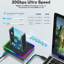 Load image into Gallery viewer, M.2 NVMe SATA SSD Cloner Dock, Dual NVMe SATA SSD Enclosure, 20Gbps USB3.2 Gen 2X2 SSD to USB Adapter,M.2 Duplicator Cloner for Both (M Key,B+M Key) Tool-Free,Support Offline Clone-RGB Plastic_2142