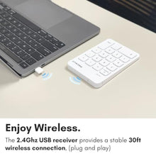 Load image into Gallery viewer, Macally USB C Wireless Number Pad | Numeric Keypad for Mac MacBook iMac | Wireless 10 Key for Laptop PC Computer Notebook Surface Chrome (2.4G USB) Perfect for Data Entry Numpad Number Keyboard, White_7640