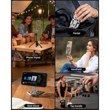 Load image into Gallery viewer, Magnetic Aluminum Phone Tripod Holder Mount Stand Handle with 1/4" Srcew & Cold Shoe & Arca-Swiss,Mini Pocket Foldable Cell Phone Stand,Compatible with MagSafe for iPhone, Fits Gym,Vlog,Travel,Desk, silver_3356