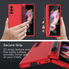 Load image into Gallery viewer, MAKAVO for Samsung Galaxy Z Fold 3 5G Case with Hinge Protection, S Pen Holder, Built-in Tempered Glass Screen Protector, Slim Fit 3D Non-Slip Texture 360 Degree Shockproof Phone Cover (Red), RedwithPenHolder_645
