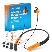 Load image into Gallery viewer, MANHATTAN Bluetooth Wireless Neckband Headphones Work Earbud Earphones with 15H Playtime, Noise-Isolating, IPX4 Water Resistant, Built-in Mic for Work, Music, Calls (Black/Orange), BlackOrange_1