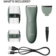 Load image into Gallery viewer, MERIDIAN - The Starter Package - Original Electric Body & Pubic Hair Trimmer Set, 1 Replacement Blade - Cordless, Waterproof, Rechargeable - for Men and Women - Easy & Pain-Free Grooming Kit - Sage, SageTrimmerBlade_8299