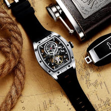 Load image into Gallery viewer, MF MINI FOCUS Unique Men Watches,Automatic Mechanical Watch,Luxury Hollow Tonneau Watches for Men with Stainless Steel Case and Silicon Band (Self-Wind Movement/5ATM Waterproof/Super_Luminous), SilverBlack_1595