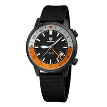 Load image into Gallery viewer, Minskolei Shield New Men's Wristwatch GMT Mechanical Automatic Watch 43MM Traveler Series Built-in Rotating Dual Time Zone Bezel, Stainless Steel Sapphire Glass 100M Waterproof Sports Rubber Strap, SteelBlack_1
