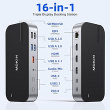 Load image into Gallery viewer, MOKiN 16-in-1 Laptop Dock, USB-C Triple Monitor HDMI Dock, 100W PD, USB 3.1/2.0, Ethernet, SD/Card Reader, Audio for Dell/HP/Lenovo, Black_1313
