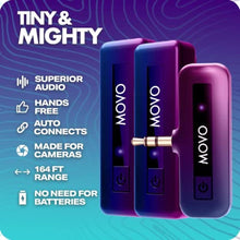 Load image into Gallery viewer, Movo Mini-Duo Wireless Microphones for Cameras, Wireless Camera Mini Mic - 3.5mm Lapel Microhone for Sony, Canon, and Nikon DSLR - 2.4Ghz Transmitter_2250