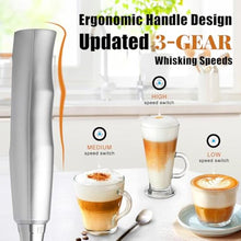 Load image into Gallery viewer, Nahida Silver Milk Frother Wand for Coffee, Frother Handheld Rechargeable Electric Whisk with 3 Heads 3 Speeds Drink Mixer Coffee Frother Foam Maker For Latte, Cappuccino, Hot Chocolate, Egg_4670