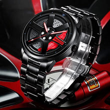 Load image into Gallery viewer, NANOLEAF Watch for Men with Quartz Movement Spinning Car Wheel Rim Hub Stainless Steel Luminous Pointer Waterproof Sport Casual Wristwatch, Steet Black Red, Car Wheel Watch, SteetBlackRed_7838