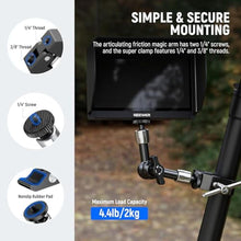 Load image into Gallery viewer, NEEWER 6"/15cm Adjustable Magic Arm with Super Clamp, 1/4" & 3/8" Threads, 1/4" Screws for Flash/LED Light/Microphone/Monitor, Compatible with SmallRig Camera Cage, Max Load: 4.4lb/2kg, ST15C, Black_5269