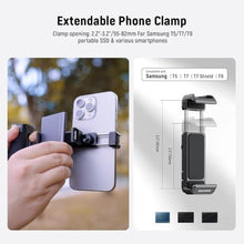 Load image into Gallery viewer, NEEWER Bluetooth Side Handle Shutter Release with 2.2"-3.2"/55-82mm 360 Phone Clamp & SSD Holder, Cold Shoes, 100mAh Rechargeable Battery Compatible with iPhone Samsung T5/T7/T9 SSD, PA028E, Black_2291