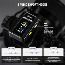 Load image into Gallery viewer, NEEWER CM28 Wireless Lavalier Microphone System with Charging Case, 2 Mic Clips, 1 Click Noise Canceling, 4GB Storage, 9H Playtime, Lavalier Lapel Mic Compatible with iPhone/Android/PC/Camera/iPad, Black_5308