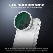 Load image into Gallery viewer, NEEWER Phone Cage Compatible with iPhone 17 Pro Max, Quick Release Video Rig Stabilizer Accessories with 67mm Filter Ring, 17mm Lens Backplate, T Mount Adapter, 4X Camera Control Cap, PA144 (Silver)_279
